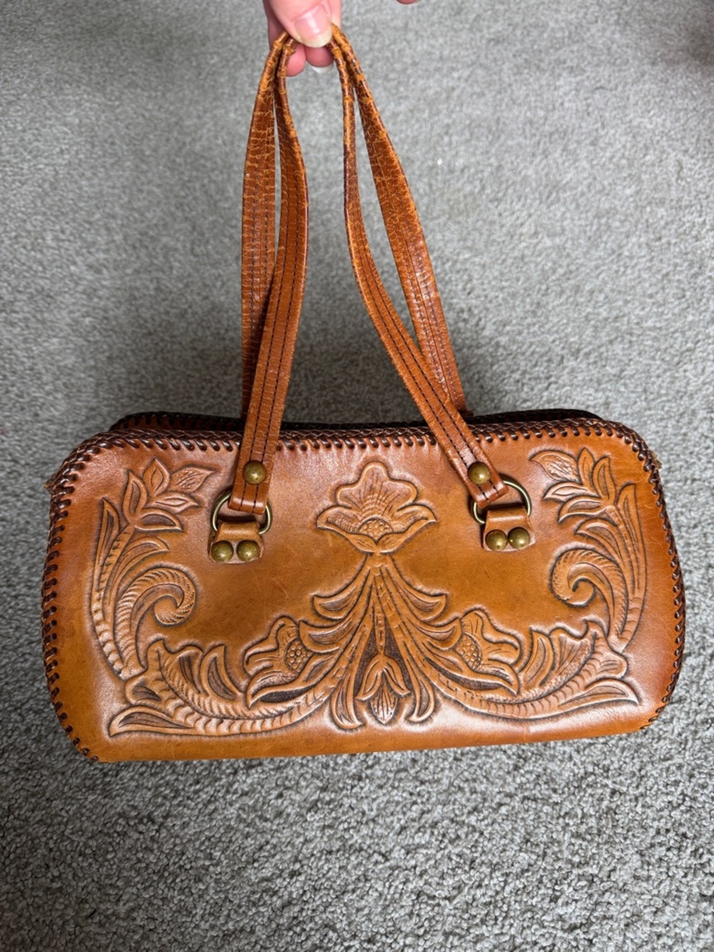 Vintage Hand‑Tooled Floral Leather Barrel Bag – Western Purse –